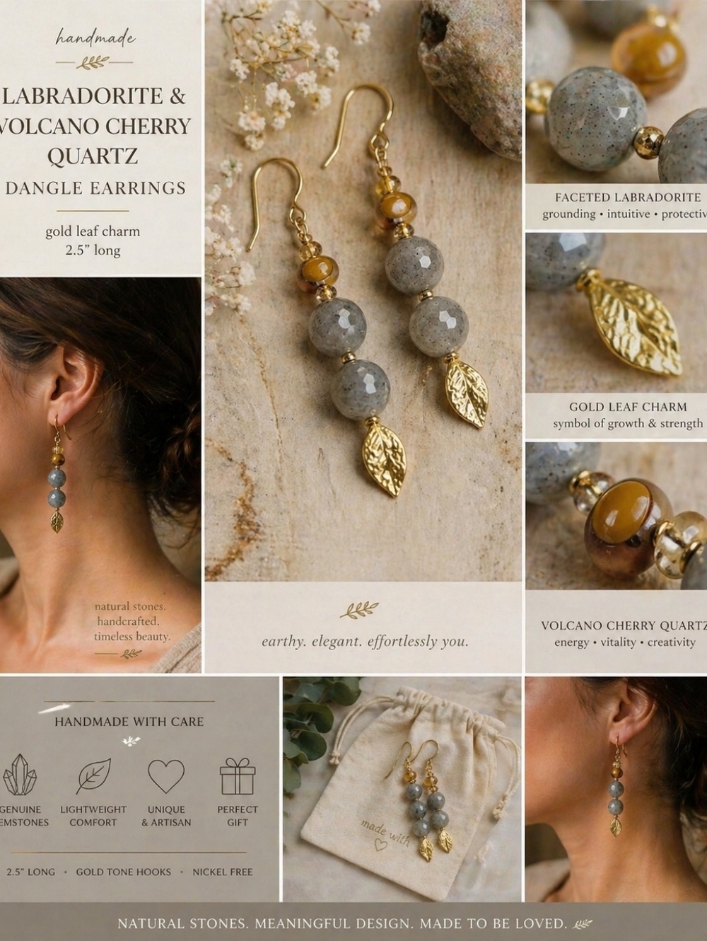 Handmade Labradorite & Volcano Cherry Quartz Dangle Earrings Gold Leaf Charm